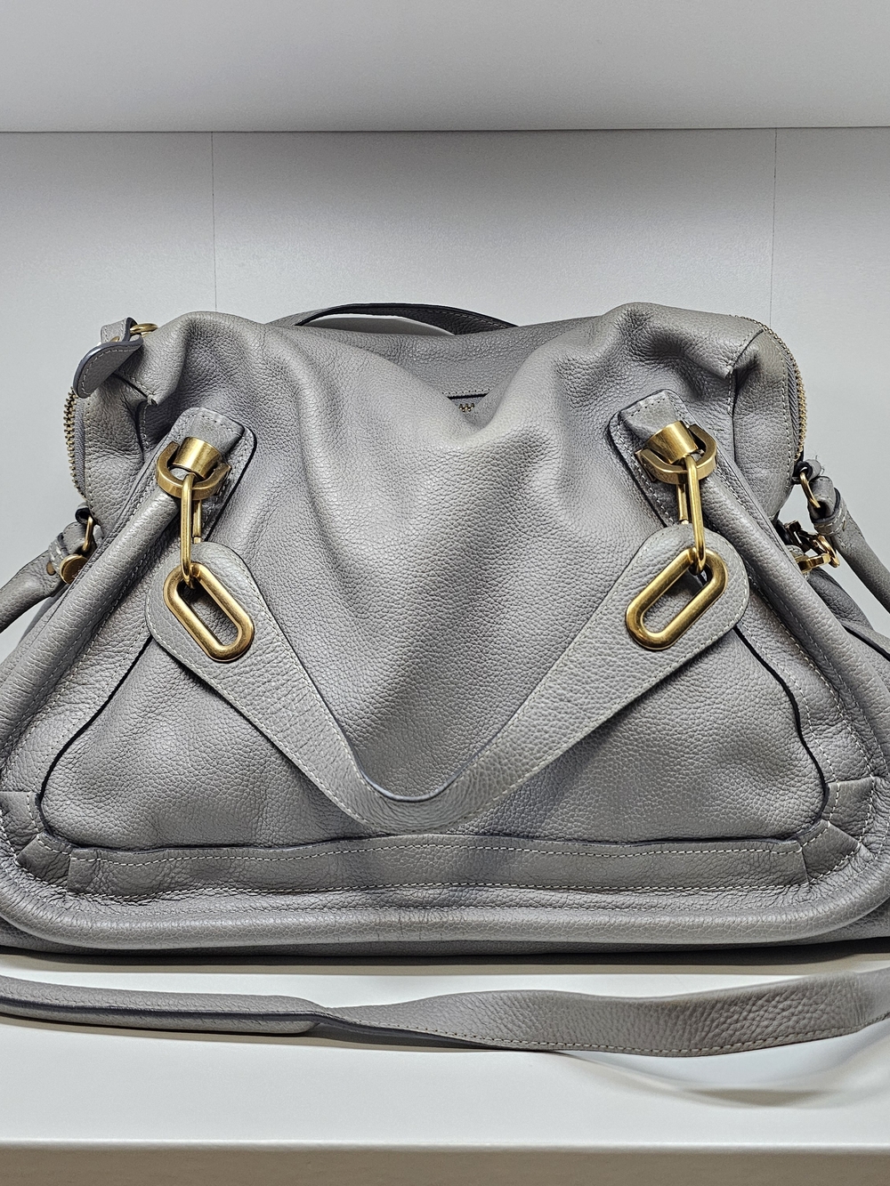 Chloe Paraty Gray Leather Shoulder Bag with Gold Hardware